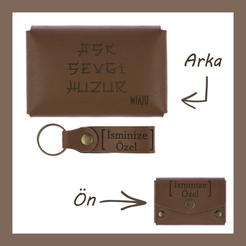Kahve Renk, Aşk Sevgi Huzur Yazılı İsme Özel, Cüzdan Ve Anahtarlık Set, Anneye, Teyzeye Özel Hediye