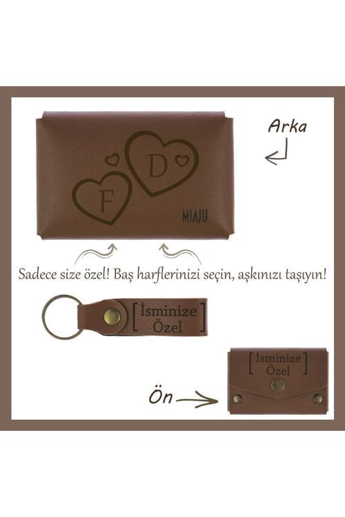 Kahve Renk, Aşkınızı Kalbinize Yazdırın! İsme Ve Harfe Özel Kalpli Cüzdan & Anahtarlık Seti, Hediye