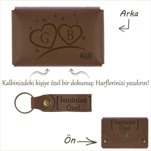 Kahve Renk, Kalbinizdeki Kişiye Özel! İsme Ve Baş Harfe Özel Çift Kalpli Cüzdan Ve Anahtarlık Seti