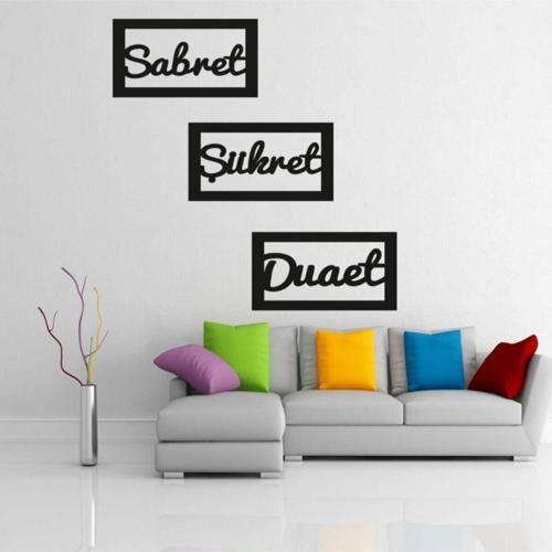 3D Sabret Şükret Dua Et Siyah Üçlü Duvar Panosu (Siyah)
