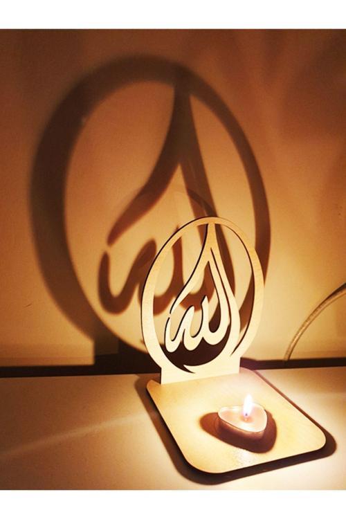 Masaüstü 2'Li Akçaağaç Allah Muhammed Yazılı Mumluk Lazer Kesim Biblo Tarzı Dekor