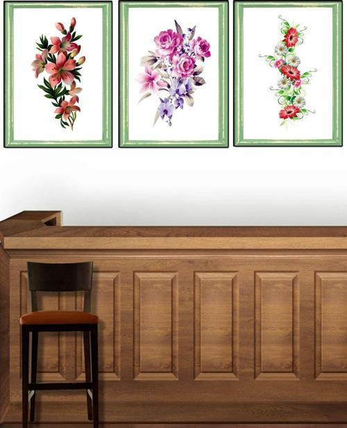 Yalova Shop Yeşil Eskitme Çerçeve Görünümlü Renklerin Dansı Çiçek Tablo 3 Lü Seti