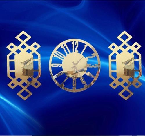 Özel Tasarım Üçlü Set Duvar Saati Ayna Pleksi Gold Köşeli  Lar