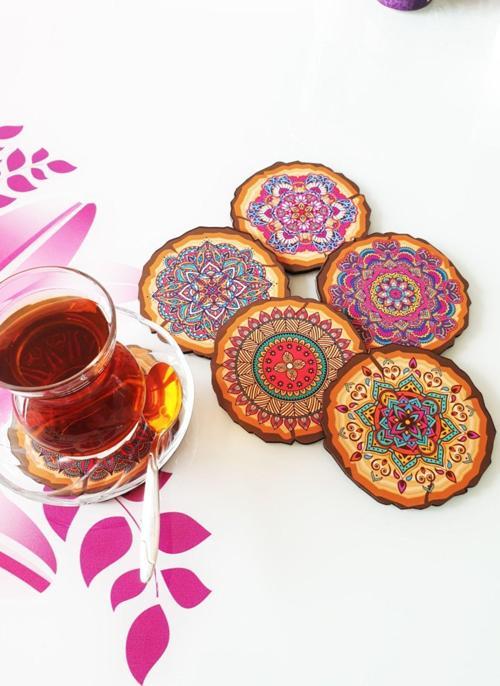 Mandala Baskılı 6'Lı Bardak Altlığı Set Şık Bir Sunumluk