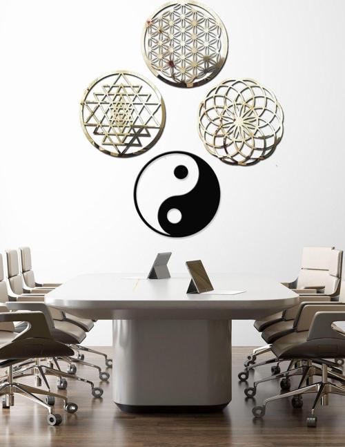 Yaşam Çiçeği,Sriyantra,Torus Ve Ying Yang 4'Lü Set Kutsal Geometrik Şekiller 30X30Cm