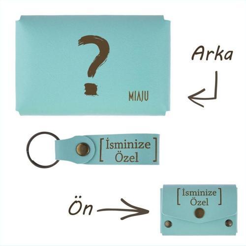Turkuaz, Cevap Bulamayanlar İçin Soru İşareti Desenli, İsme Özel, Cüzdan Ve Anahtarlık Set, Hatıra