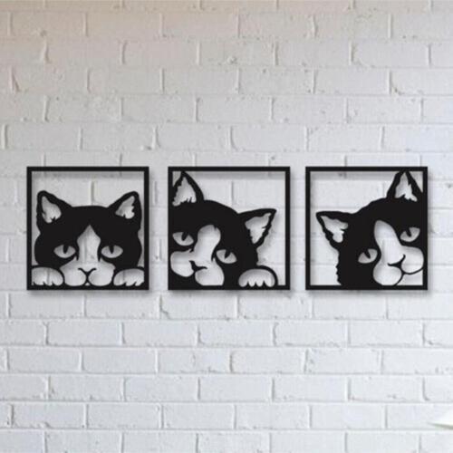 3Lü Kedi Ahşap Dekoratif Duvar Tablosu 30X30 Cm