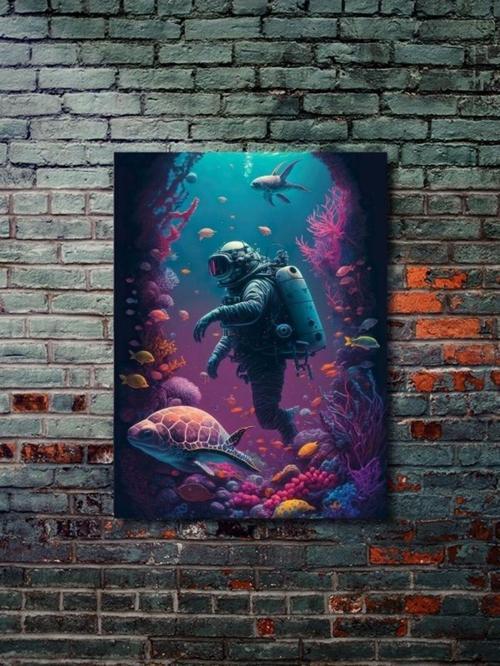 Deniz Kaplumbağası Ve Dalgıç, Hayvanlar Alemi Posteri, Özel Tasarım Kağıt Poster, Duvar Sanatı