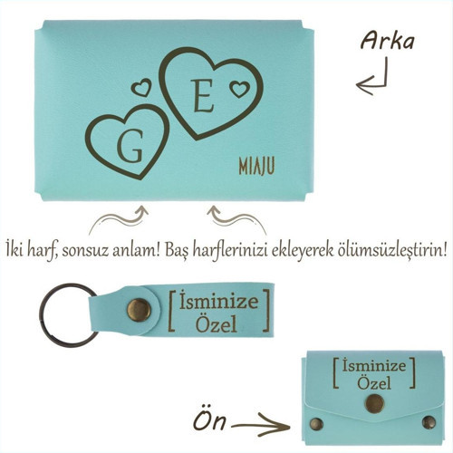 Turkuaz, Kalp İçinde Sevginizi Ve Aşkınızı Taşıyın! İsme Özel Çift Harfli Cüzdan & Anahtarlık Seti