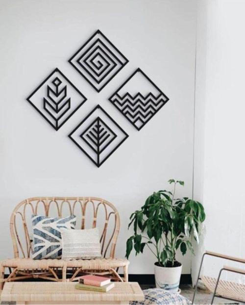 Dört Element Temalı Modern Ahşap Duvar Tablo Siyah