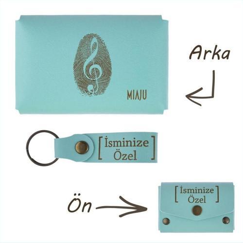 Turkuaz, Nota Desenli, İsminize Özel Cüzdan Ve Anahtarlık Seti, Kişisel Hediyelik Şık Aksesuar Takım