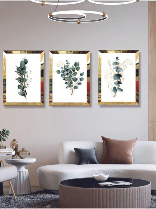 Modern Sanatsal Dijital Uv Baskı Gold Ayna Pleksi Çerçeveli 3'Lü Yeşil Çiçek Tablo Seti