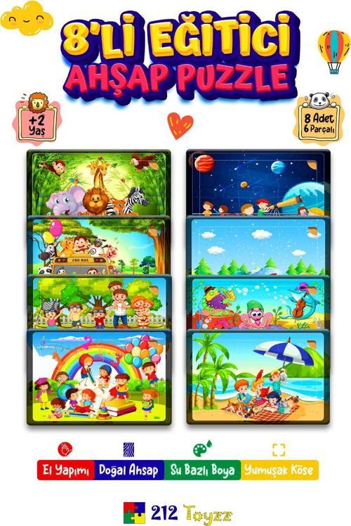 Ahşap 8 Ad Ahşap Çocuk Puzzle 6 Parçalı 8 Adet Eğitici Öğretici