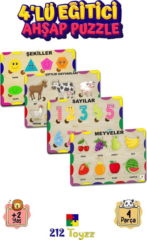 Ahşap Eğitici Öğretici Alfabe Rakamlar Hayvanlar Şekiller 4 Lü Set