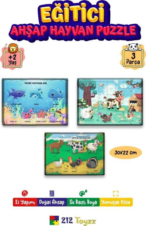 Ahşap Eğitici Öğretici Yapboz 3Lü Set Deniz Hayv-Çiftlik Hayv.Koyun Puzzle