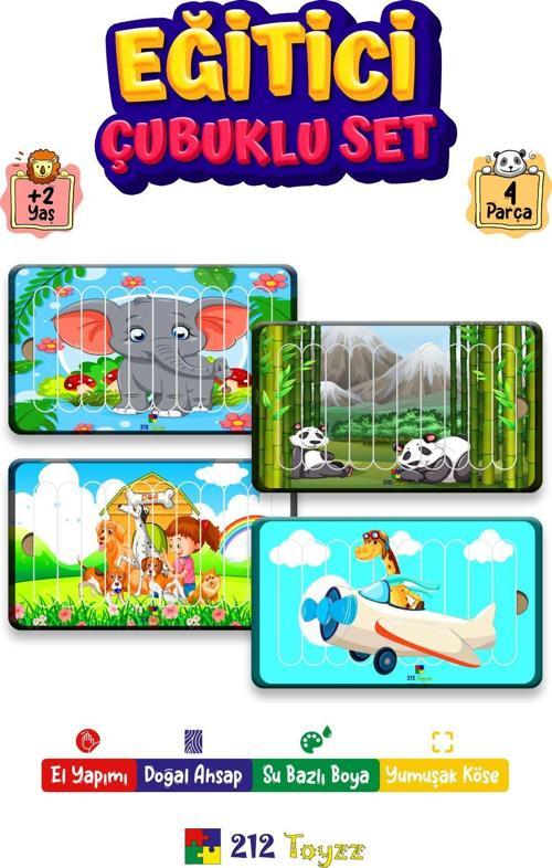 Eğitici Öğretici Geliştirici Çok Renkli 10 Parça Ahşap Çubuklu Yap Boz 4 Lü Puzzle Mega Set