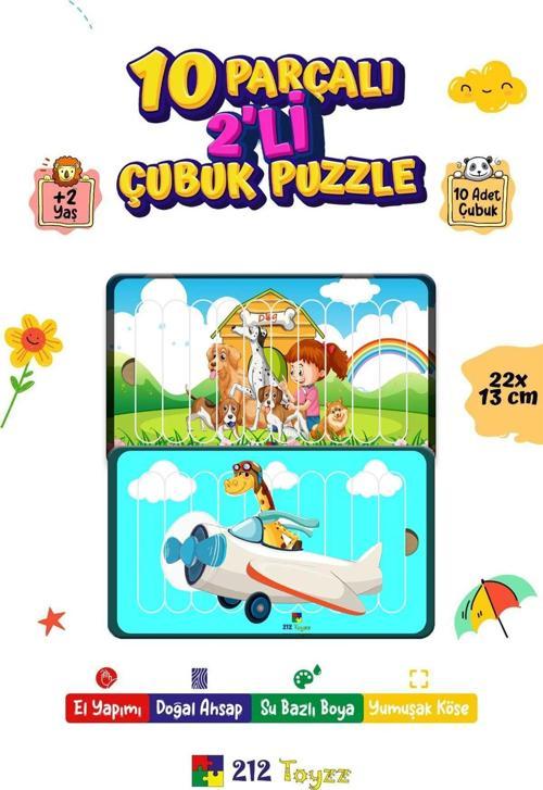 Eğitici Öğretici Sevimli Uçak+Sevimli Köpekler Dikey 10 Parçalı Ahşap Çubuk Yap Boz Puzzle 2Li Set