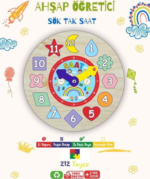 Eğitici Saat Ahşap Puzzle Geomterik Şekiller Bultak Öğretici Çocuk Saati