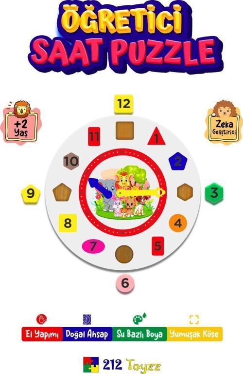 Montessori Renkli Sevimli Hayvanlar Desenli Saat Öğretici Puzzle