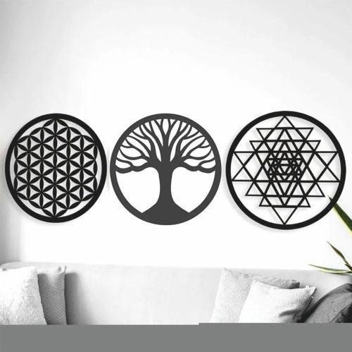 Siyah Ahşap Yaşam Çiçeği Sri Yantra Torus Hayat Ağacı 3'Lü Set Duvar Tablosu