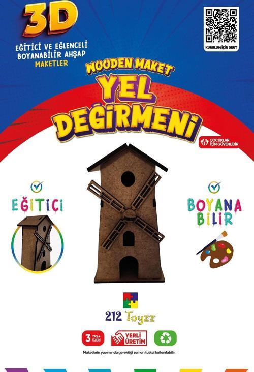 3D Boyanabilir Ahşap Yel Değirmen Maketi - Çocuklar İçin Eğitici Oyuncak