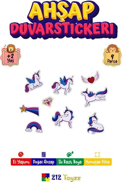 Unicorn Figürlü 9 Parça Ahşap Duvar - Dolap - Kapı Süsü Çocuk Odası Duvar Stickeri