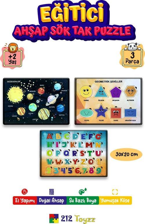 3 Lü Ahşap Çocuk Puzzle Ve Sök Tak Oyuncak