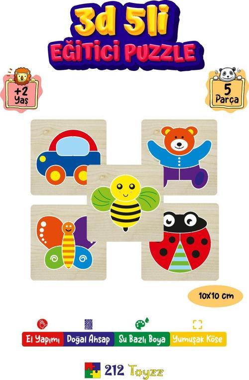 Ahşap Eğitici Puzzle 3D Yapboz Seti 5 Adet 5 Parçalı