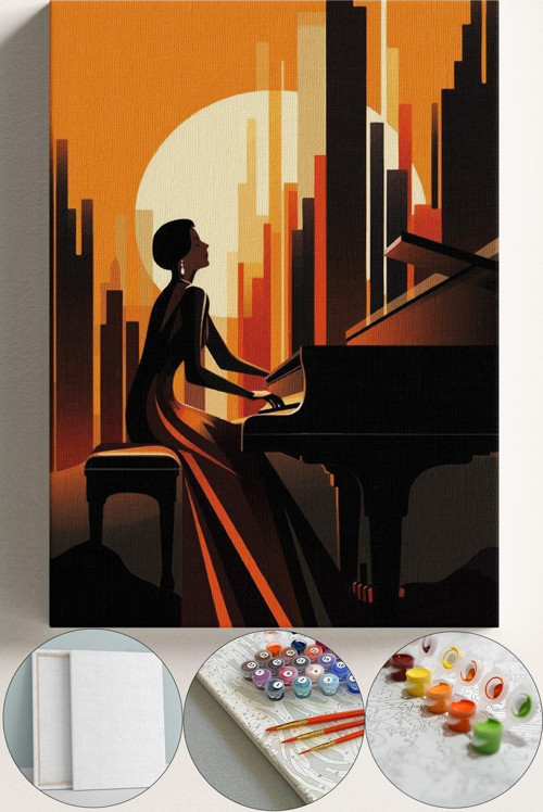 Sayılarla Boyama Çerçeveli Hobi Seti Numaralı Tuval Fırça Boya Dahil Kasnaklı 40X50 Cm Piano Kadın