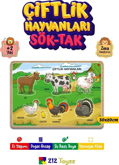 Ahsap Renkli 7 Li Çiftlik Hayvanlari Sök Tak Puzzle