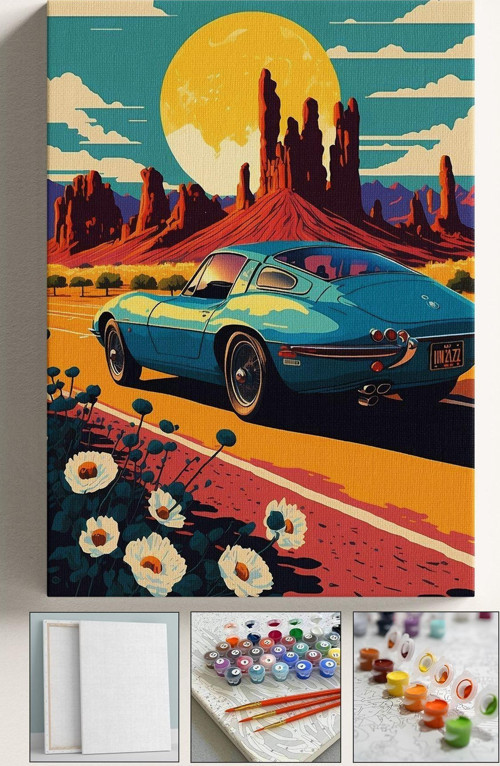 Sayılarla Boyama Hobi Seti Çerçeveli Numaralı Tuval Fırça Boya Dahil Kasnaklı Retro Araba 40X50 Cm