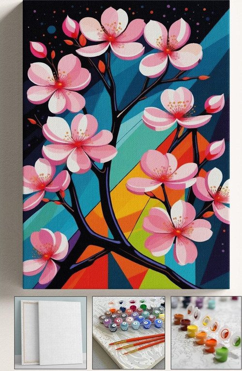 Sayılarla Boyama Hobi Seti Çerçeveli Numaralı Tuval Fırça Boya Dahil Kasnaklı Sakura Ağacı 40X50 Cm