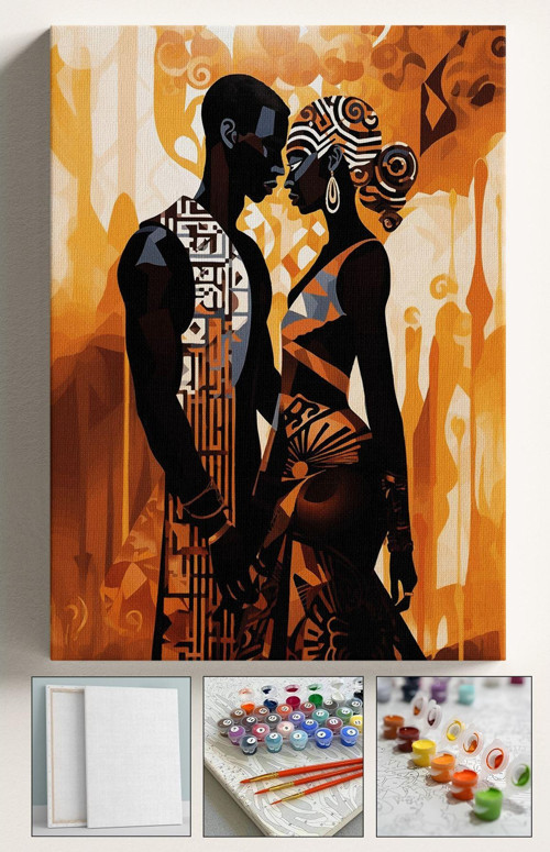 Sayılarla Boyama Hobi Seti Çerçeveli Numaralı Tuval Fırça Boya Kasnaklı Afrikalı Sevgililer 40X50 Cm