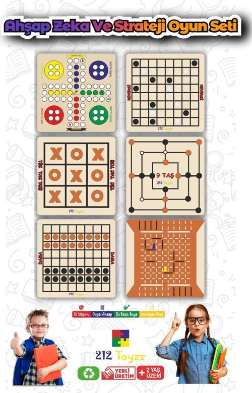 Ahşap Zeka Ve Strateji Oyun Seti 6 Ad Reversi-Kızma Birader-Dama-Tic Toc Toe-Koridor Oyunu