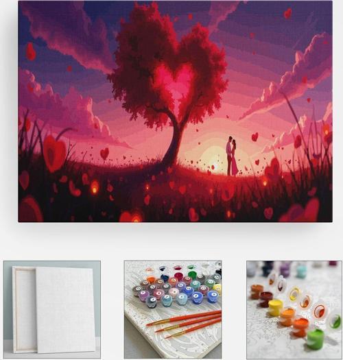 Sayılarla Boyama Seti Numaralı Tuval Fırça Boya Çiçek Rafları 40X50 Cm Kalp Ağaç