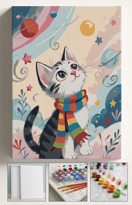 Sayılarla Boyama Çerçeveli Hobi Seti Numaralı Tuval Fırça Boya Dahil Kasnaklı Kış Ve Kedi 40X50 Cm