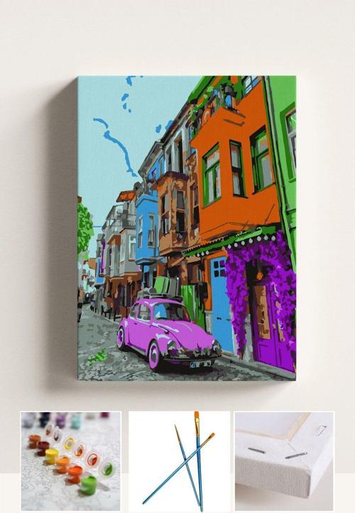 Sayılarla Boyama Seti Numaralı Tuval Fırça Boya Renkli Evler 40X50 Cm