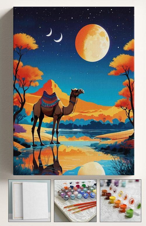 Sayılarla Boyama Çerçeveli Hobi Seti Numaralı Tuval Fırça Boya Dahil Kasnaklı Mısır Deve 40X50 Cm