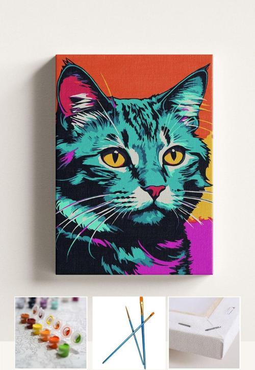 Sayılarla Boyama Seti Numaralı Tuval Fırça Boya Renkli Kedi 40X50 Cm