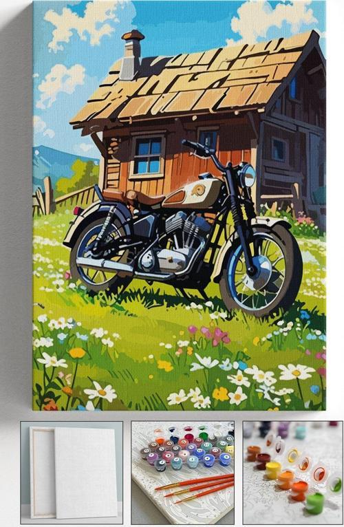 Sayılarla Boyama Çerçeveli Hobi Seti Numaralı Tuval Fırça Boya Dahil Kasnaklı Motor 40X50 Cm