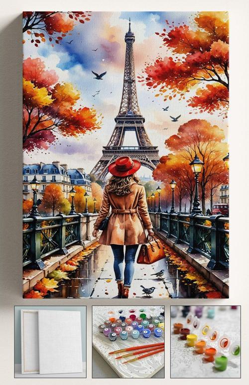 Sayılarla Boyama Çerçeveli Hobi Seti Numaralı Tuval Fırça Boya Dahil Kasnaklı Paris Kadın 40X50 Cm