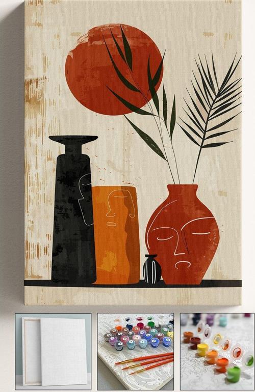 Sayılarla Boyama Seti Numaralı Tuval Fırça Boya Vazo Çiçek 40X50 Cm - Vazoda 2'Li Yüz