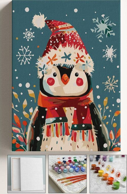 Sayılarla Boyama Çerçeveli Hobi Seti Numaralı Tuval Fırça Boya Dahil Kasnaklı Şirin Penguen 40X50 Cm