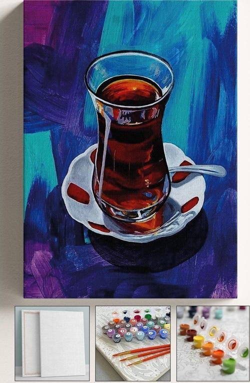 Sayılarla Boyama Tuval Seti Fırça Boya Dahil (Çıtalı) 40X50 Cm - Çay Tiryaki