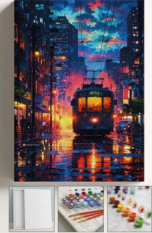 Sayılarla Boyama Tuval Seti Fırça Boya Dahil (Çıtalı) 40X50 Cm - Japon Sokak