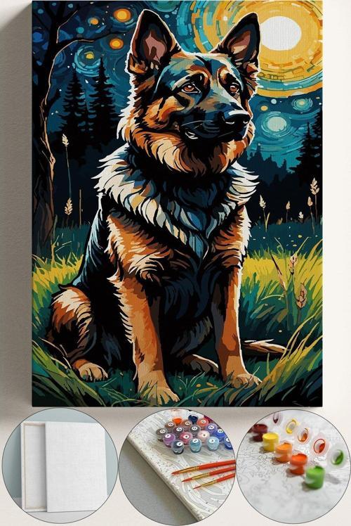 Sayılarla Boyama Çerçeveli Hobi Seti Numaralı Tuval Fırça Boya Kasnaklı 40X50 Cm Alman Kurdu