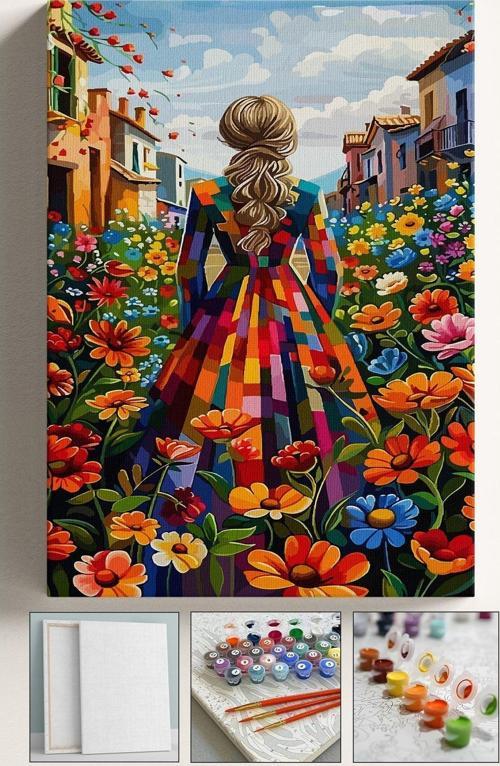 Sayılarla Boyama Çerçeveli Hobi Seti Numaralı Tuval Fırça Boya Kasnaklı 40X50 Cm Çiçek Tarlası 2