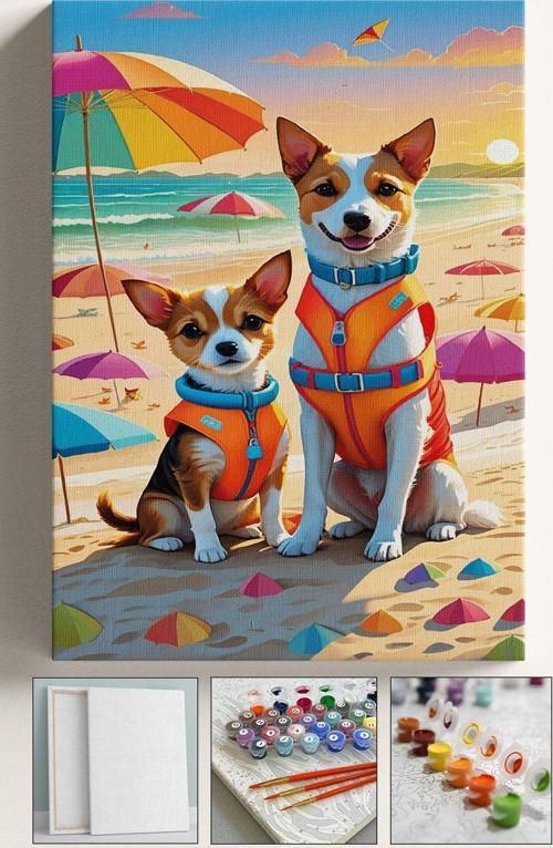 Sayılarla Boyama Tuval Seti Fırça Boya Dahil (Çıtalı) 40X50 Cm - Plaj Köpek