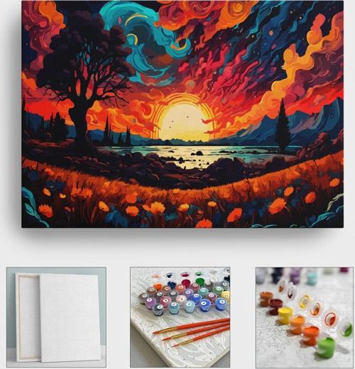 Sayılarla Boyama Çerçeveli Hobi Seti Numaralı Tuval Fırça Boya Kasnaklı 40X50 Cm Karanlık Gökyüzü