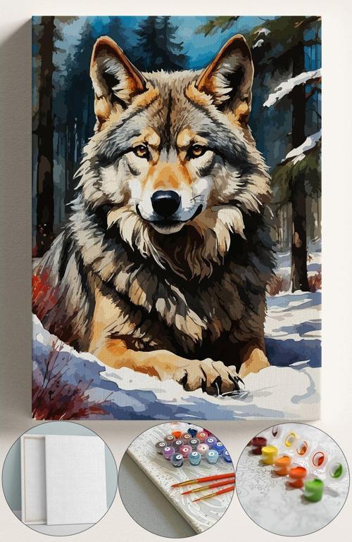 Sayılarla Boyama Çerçeveli Hobi Seti Numaralı Tuval Fırça Boya Kasnaklı 40X50 Cm Karda Kurt